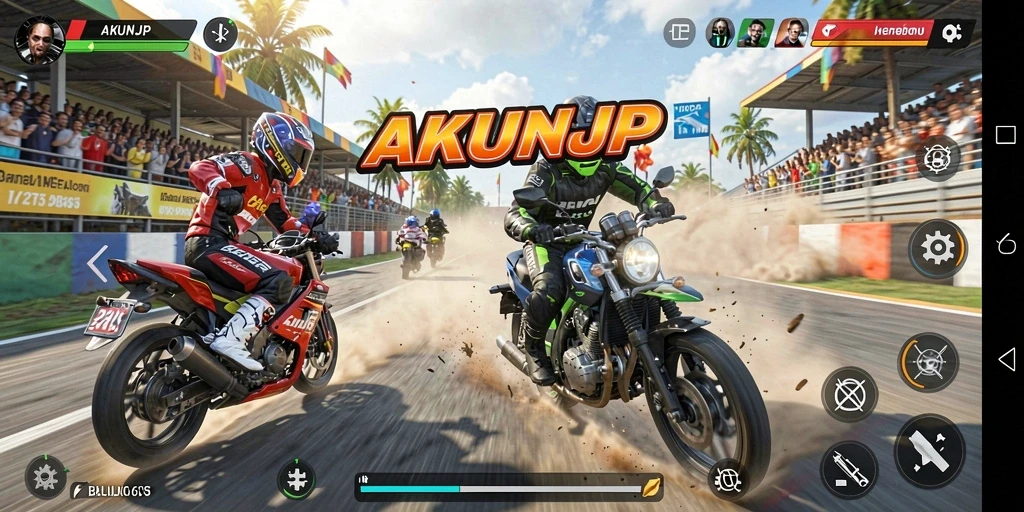 Screenshot gameplay AKUNJP menampilkan aksi balapan motor yang mendebarkan.