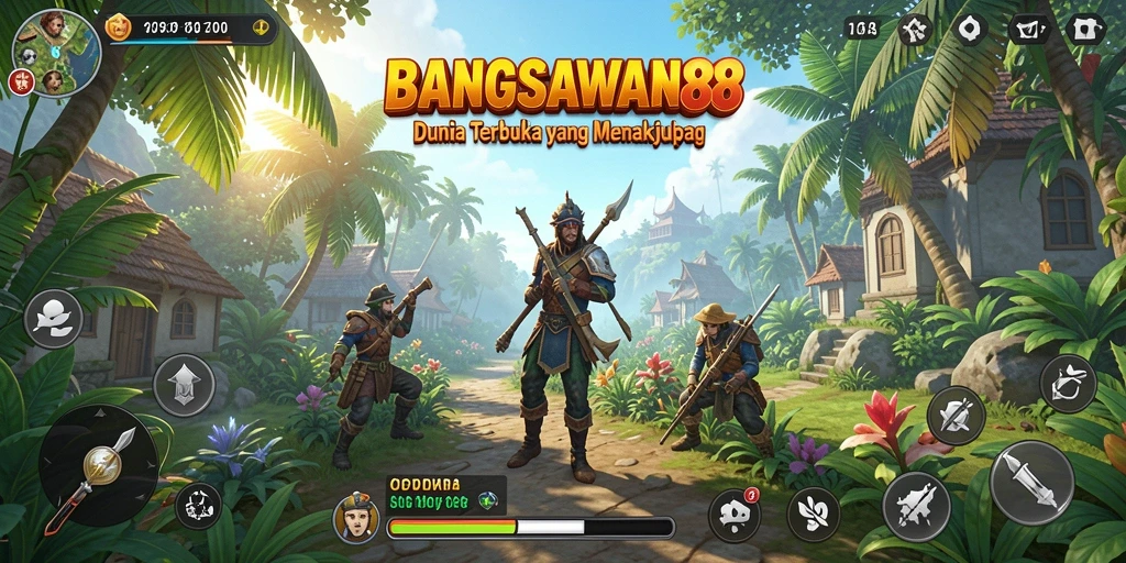 Screenshot gameplay BANGSAWAN88 menampilkan eksplorasi dunia yang luas.