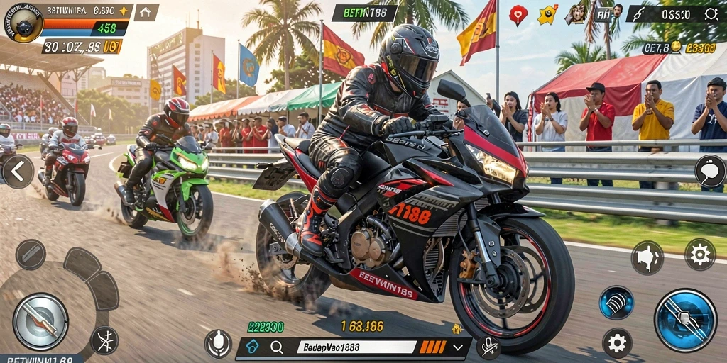 Screenshot gameplay BETWIN188 yang menampilkan balapan motor seru.