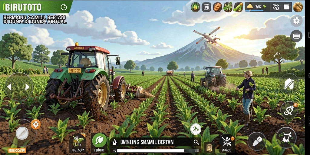Tampilan gameplay BIRUTOTO dengan aktivitas bertani yang seru.