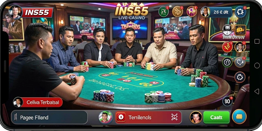 Screenshot gameplay INS55 menunjukkan dealer langsung di dalam permainan kasino.
