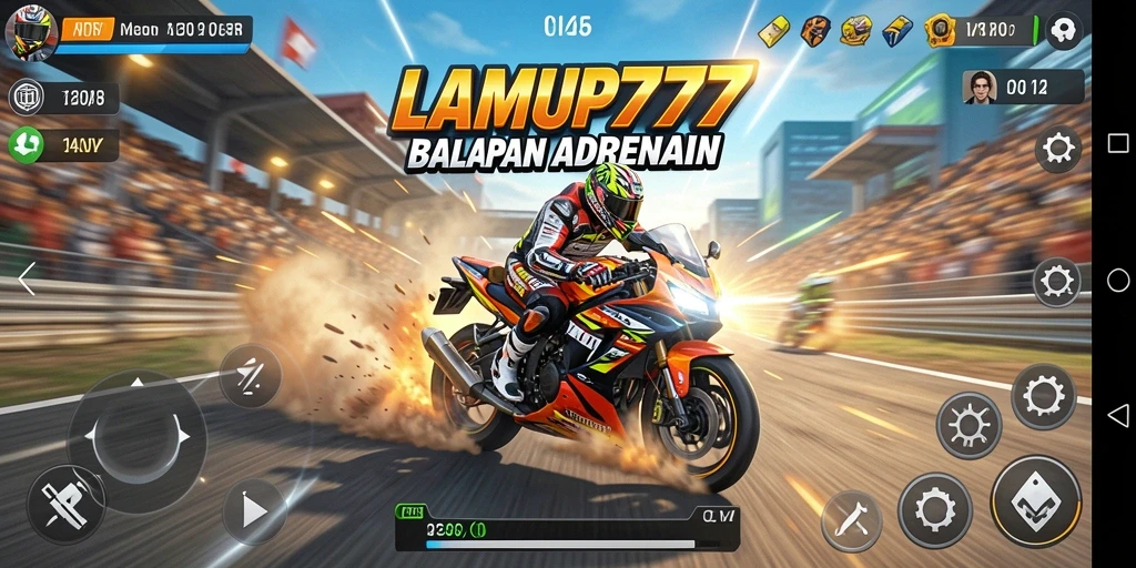 Tampilan gameplay mendebarkan dengan motor balap di lintasan.
