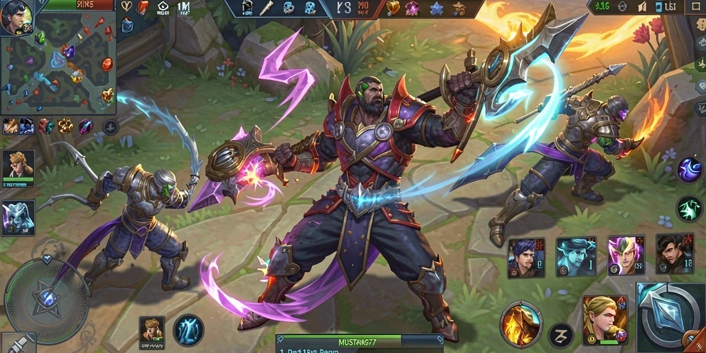 Tampilan gameplay MOBA yang mendebarkan dalam MUSTANG77.