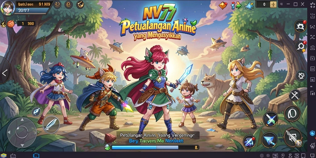 Tangkapan layar dari gameplay NV77 yang menampilkan aksi karakter anime.