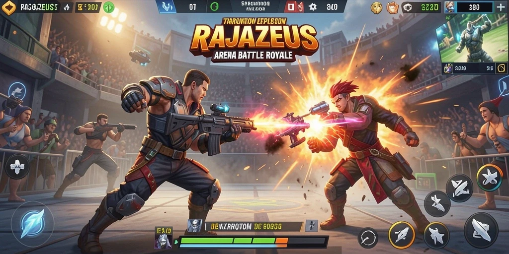 Screenshot utama menunjukkan aksi mendebarkan dalam gameplay Battle Royale.