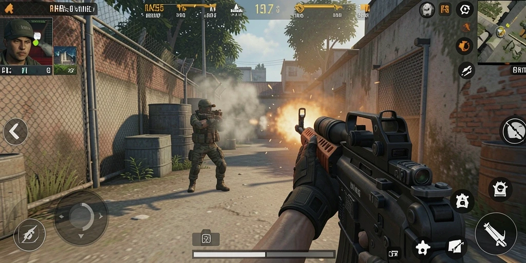 Screenshot menunjukkan aksi menembak yang mendebarkan dalam RK55.