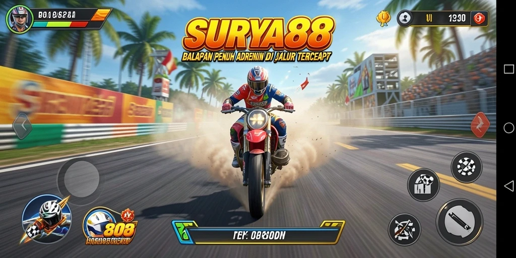 Tampilan gameplay SURYA88 yang menampilkan kecepatan dan adrenalin balapan.