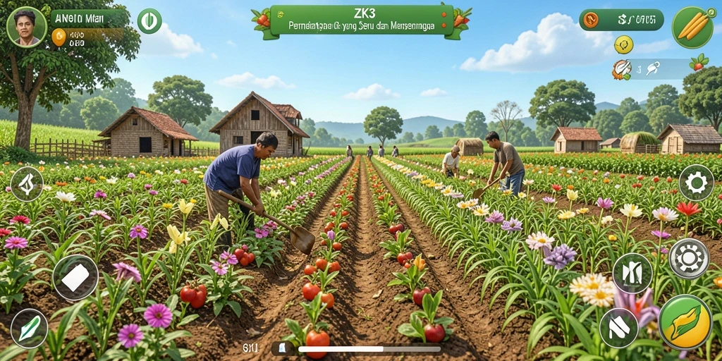 Gameplay ZK3 menampilkan kebun yang indah dan aktivitas bertani yang menarik.